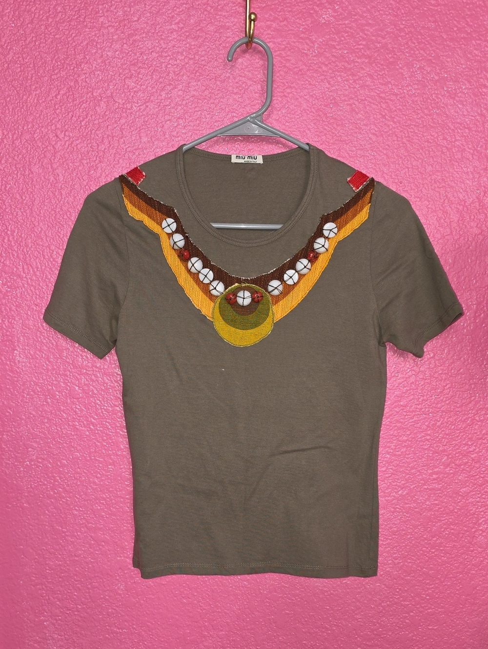 Rare Miu Miu Olive Green Short Sleeve Tee with Multicolor Beaded Neckline